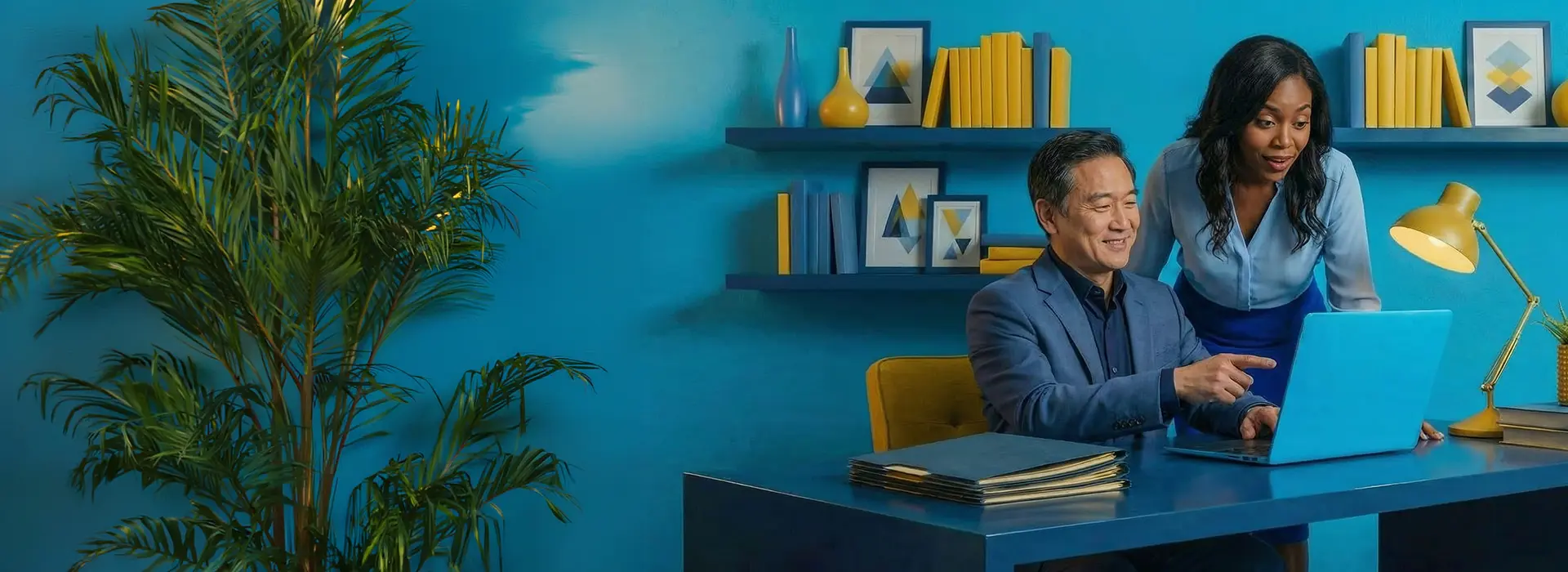 Man and woman viewing laptop PC together.